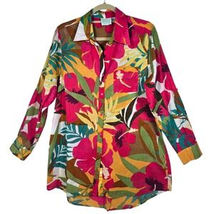 True Destinations Tunic Shirt Women Medium Tropical Hibiscus Floral Button Front